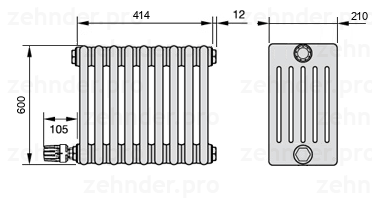 Схема (чертеж) Радиатор Zehnder Charleston 6060/9 №V003 Белый глянцевый RAL 9016